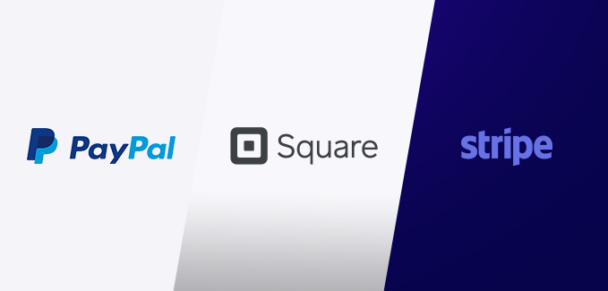 PayPal, Square and Stripe Logos.